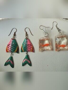 Colorful Wooden Fish Earrings — Pink & Green Fish Tail Design